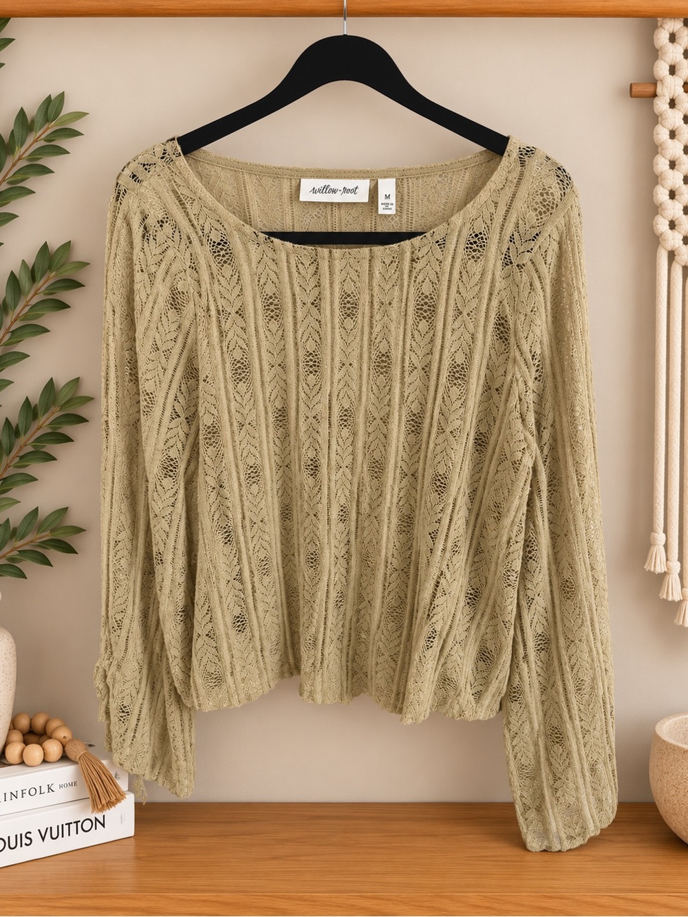 Willow olive openwork scoop neck knit top